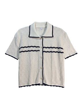 NWOT | Off-White Navy Open Knit Button Down Short Sleeve Polo Shirt Trim | Large